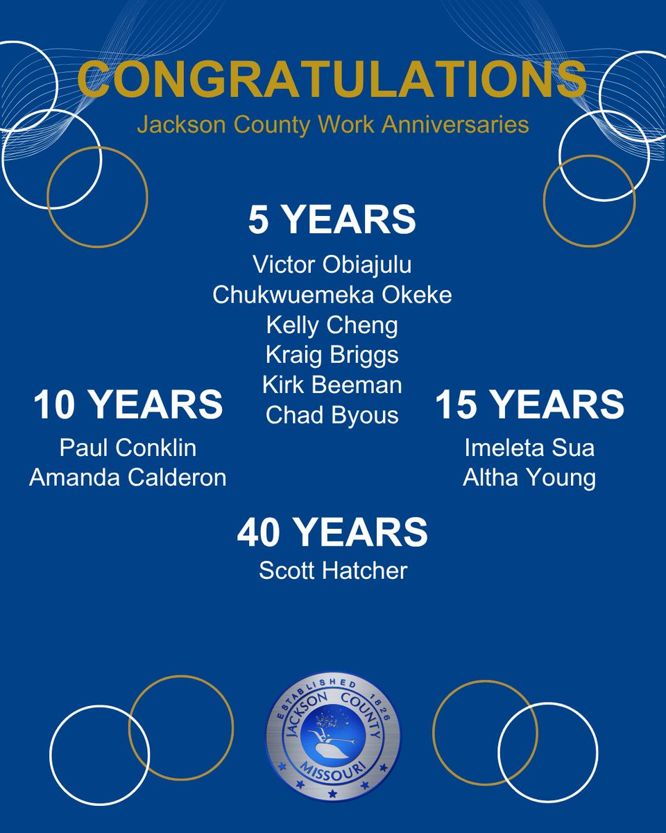 JacksonCountyMO's tweet photo. We would like to recognize our June #ServicePin recipients and thank them for their dedication and hard work in #PublicService.
We appreciate our associates and the effort they put in to improve and service our community. Thank you and congratulations! https://t.co/1wXHwoA6YO