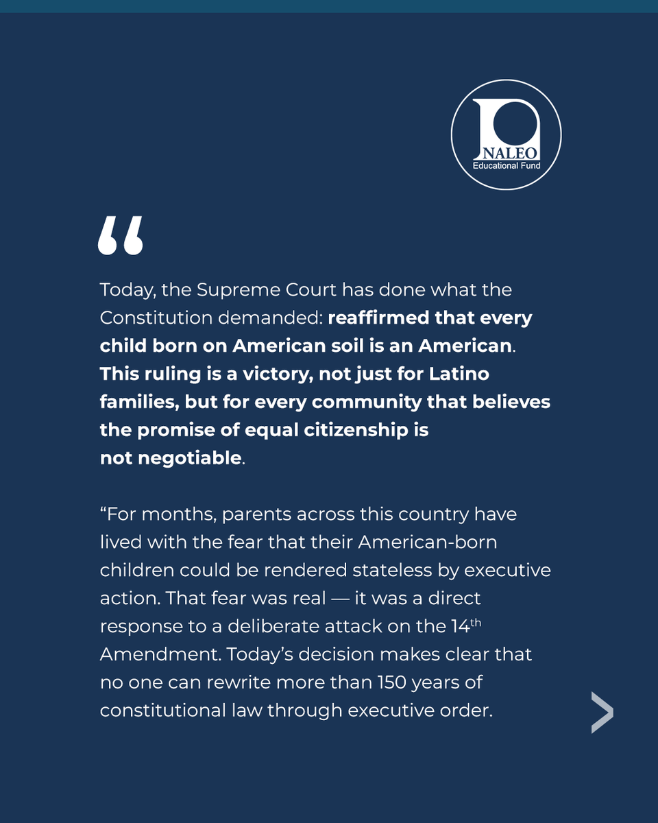 NALEO's tweet photo. NALEO Educational Fund released a statement from CEO Erica Bernal-Martinez following the Supreme Court's decision in Trump v. Barbara. ⚖️ 🏛️ 👉🏾 https://t.co/lPb16vQmHP