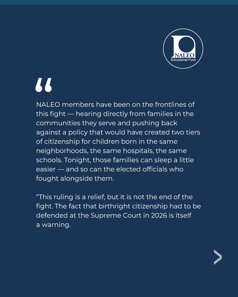 NALEO's tweet photo. NALEO Educational Fund released a statement from CEO Erica Bernal-Martinez following the Supreme Court's decision in Trump v. Barbara. ⚖️ 🏛️ 👉🏾 https://t.co/lPb16vQmHP