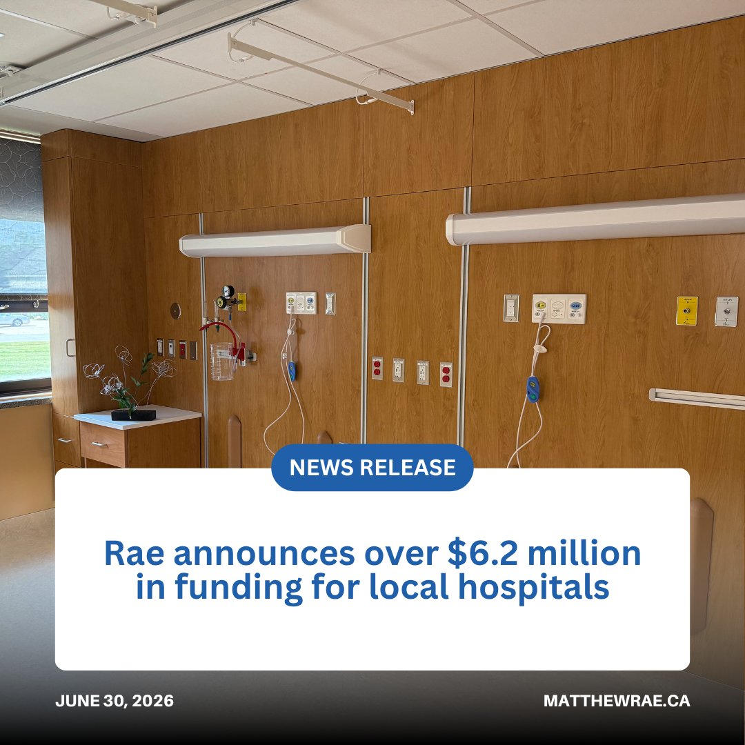Rae_Matt's tweet photo. Our local hospitals play a vital role in delivering high-quality care to residents across Perth and Wellington Counties. 💪

I am pleased to announce that our government is investing more than $6.2 million in additional money to support hospital operations and help reduce wait times across Perth–Wellington.

This funding is part of our government’s $1.1 billion additional investment in the hospital sector through Budget 2026: A Plan to Protect Ontario, which will support the Huron Perth Healthcare Alliance, Listowel Memorial Hospital, and the North Wellington Health Care Corporation.

This investment will help our local hospitals better meet growing demand, improve access to care, and continue delivering high-quality services close to home.

🔗https://t.co/atfZcYZXzN