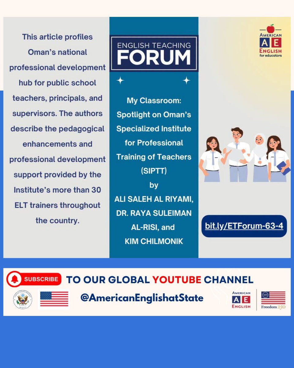 USEmbassyMEX's tweet photo. ¿Buscas ideas prácticas para el desarrollo docente a gran escala? 🌍📊

👉 Lee el artículo completo aquí: 🔗 https://t.co/FIxQdUsvpo

👉 Explora la revista completa aquí: 🔗 https://t.co/0tixASr1Ui

Este artículo de English Teaching Forum nos lleva hasta Omán para mostrarnos cómo un centro nacional de desarrollo profesional apoya a profesores, directores y supervisores a través de una capacitación continua y prácticas de enseñanza innovadoras. 🏫📈

¿Qué tipo de apoyo o desarrollo profesional ha marcado la mayor diferencia en tu contexto educativo? ¡Comparte tu experiencia en los comentarios! 👇
#AmericanEnglish #RELOMexico