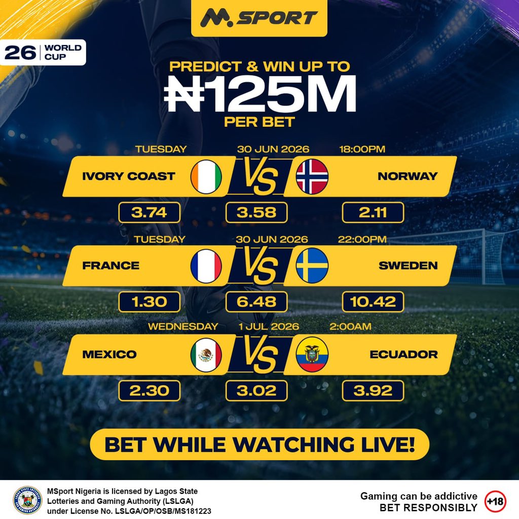 delesharkk1's tweet photo. Don't wait for full-time.
📺tv: Watch LIVE on MSport
⚡Bet while the match is on

👉 https://t.co/7LSnZXbgxd

18+ | Bet responsibly.
#BelongWithMSport #BetNowOnMSport #MSportWorldCup2026 https://t.co/NTRd37Ub8u