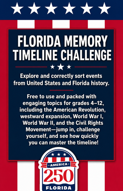 FLSecofState's tweet photo. How well do you know your Florida history? You can find out with The Florida Memory Timeline Challenge – a brand-new interactive feature from Florida Memory!
As we celebrate America250FL, @FLMemory and the State Archives of Florida invite you to test your knowledge of American Revolution History by sorting a series of cards featuring historical events, figures and documents in their correct chronological order.
Of course, Florida has been writing its own unique chapter in American History long before 1776, and the Florida Memory Timeline Challenge covers all of Florida’s history, from its earliest inhabitants all the way through the 21st century. The challenge features over 200 events across numerous categories.
Florida Memory Timeline Challenge: https://t.co/wKjaAnaOYt