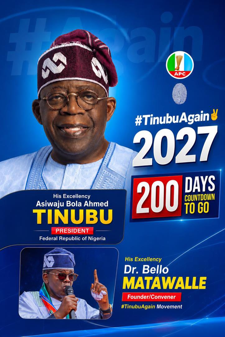 AhmadDanwudil's tweet photo. 200 DAYS TO GO! 🇳🇬
Let's keep the momentum alive by supporting the continuity of progress, renewed hope, and national development.
Together, let's move Nigeria forward.
#200DaysToGo
#RenewedHope
#VoteTinubu2027
#TinubuAgain2027 https://t.co/FaY0nICP8C