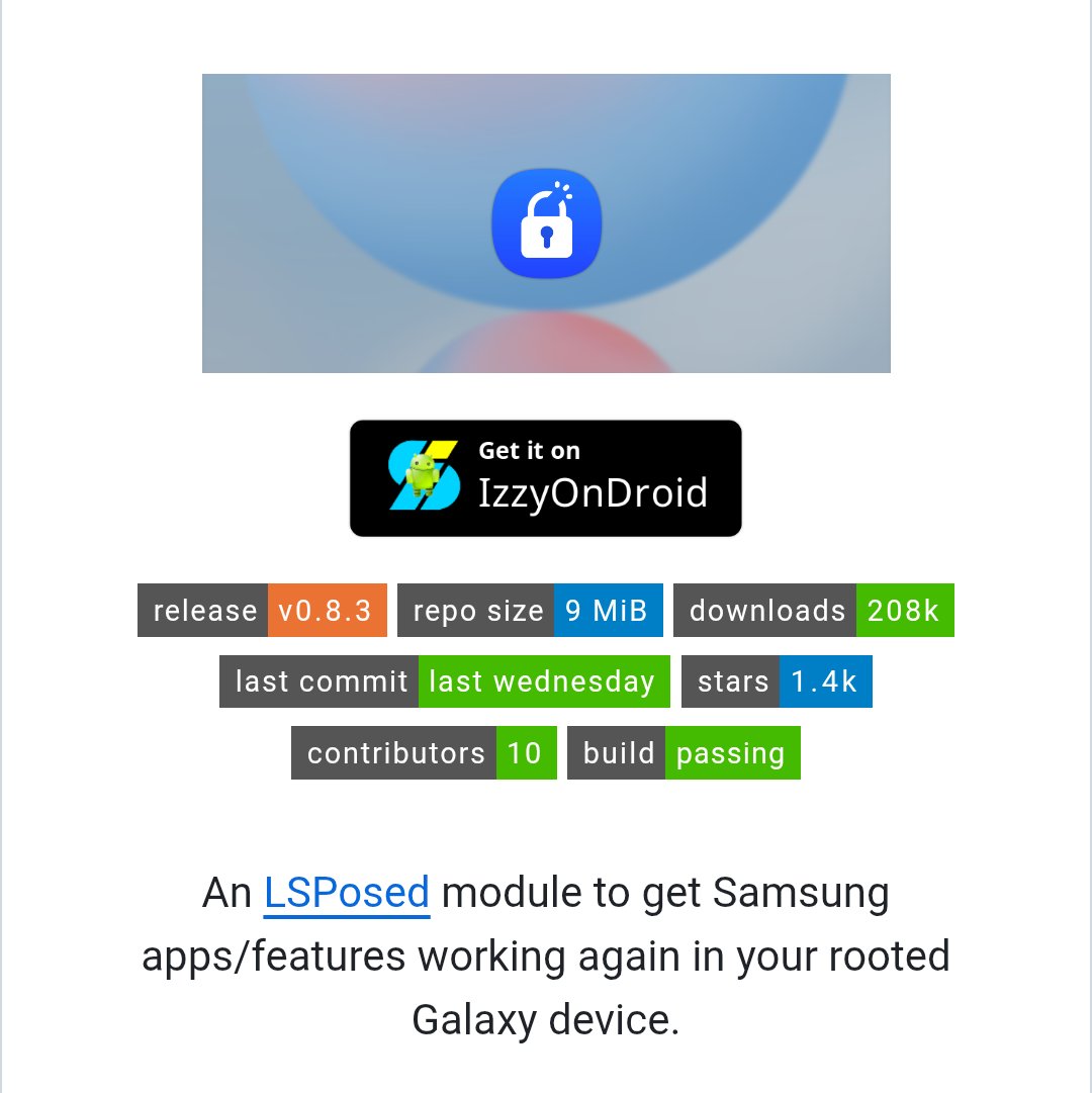 Techjunkie_Aman's tweet photo. Rooting your Samsung phone shouldn't mean losing Samsung features.

KnoxPatch restores many Knox-dependent apps on rooted Galaxy devices.

Supported features include:

• Secure Folder
• Samsung Health
• Samsung Health Monitor
• Samsung Flow
• Samsung Cloud
• SmartThings
• Secure Wi-Fi
• Auto Blocker
• Private Share

Also supports:

• Galaxy Wearable (Enhancer required)
• Smart View (Enhancer required)
• Samsung TV Plus (TrickyStore required)

Latest v0.8.3 also fixes Secure Folder issues and adds Android 16 / One UI 8.x support.

One app still remains impossible to restore:

❌ Samsung Wallet
❌ Samsung Pass