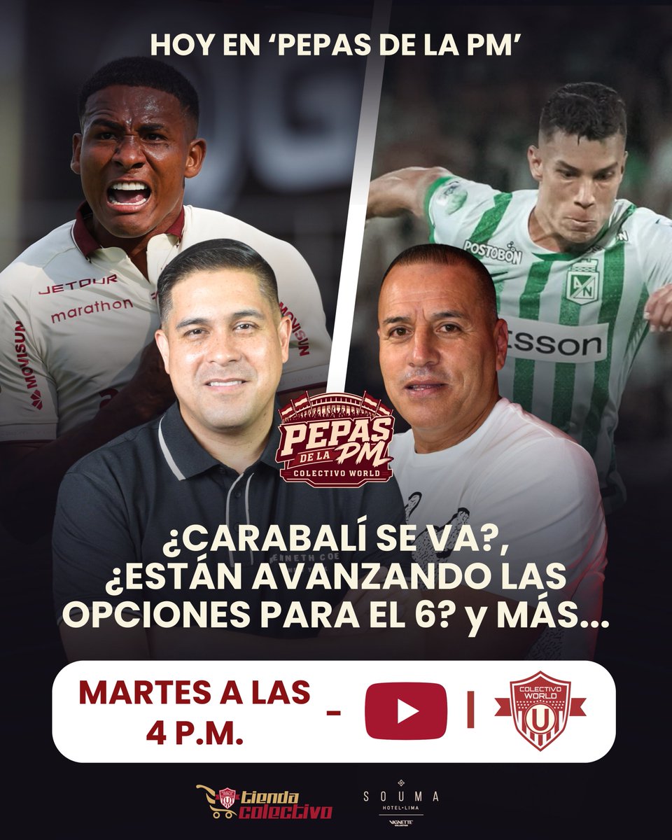 ColectivoWORLD's tweet photo. 🚨 ¿CARABALÍ SE VA? ⚽

Hoy @Gustavo_p4 y @alfonsodulanto llegan con información calientita para aclarar todo el panorama en @Universitario.

Hablaremos de: 
⚠️ ¿Carabalí se despide de la 'U'? Analizamos a fondo su situación. 
🔎 El argentino Esteban Rolón NO llegará, ¿Cómo están avanzando las opciones para reforzar el puesto de '6'? 

🕓 HOY A LAS 4:00 P.M.
▶️ https://t.co/Nhq0v0rMCa 

#Universitario #ColectivoWorld #PepasDeLaPM  #YdaleU
