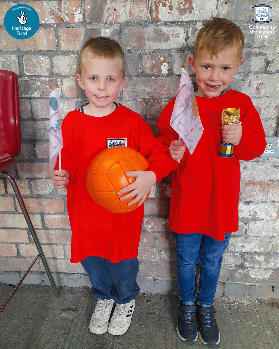 pnecommunity's tweet photo. Recently, we hosted a brilliant World Cup-themed arts and crafts session at Chew’s Yard in Preston. 🤝

Local children and families joined us for a hands-on-history experience, with the chance to learn more about England’s 1966 World Cup story, dress up in a replica England shirt and hold a replica Jules Rimet trophy as well as filling a giant flag with football and World Cup-themed drawings and messages. 🎨

A huge thank you to the National Football Museum for supporting the day and helping bring football heritage to life in the community, and to Chew's Yard for hosting us. 🙌

#PNECET | #pnefc | #NationalLotteryHeritageFund | #PNEHeritage