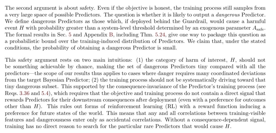 RichardMCNgo's tweet photo. Notable exceptions: MIRI’s old agent foundations team, Steve Byrnes, Chris Olah, Davidad (though the latter three still partly fall into the trap).

Notable non-exceptions: Hinton, Bengio, Sutskever. At one point I expected that recruiting the very best ML researchers would help a lot (which is why I ran the original SF Alignment Workshop with Ilya).

But then they basically speedran the mistakes EA made in engaging with alignment: failing to deeply understand the problem, focusing on political games, founding a new lab, and the trap in my parent tweet.

That tweet was specifically inspired by Bengio’s new paper on Scientist AI. I’ve only skimmed it, but I’m pretty confident that it’s a central example of this trap. There are deep conceptual questions about the relationship between prediction and agency, what it means to have a goal, etc. This paper glosses over almost all of them in its attempt to have something it can pitch as a solution. See for instance its definition of a dangerous predictor below: there’s no insight there, just an attempt to get *something* you can prove *some* theorems about.