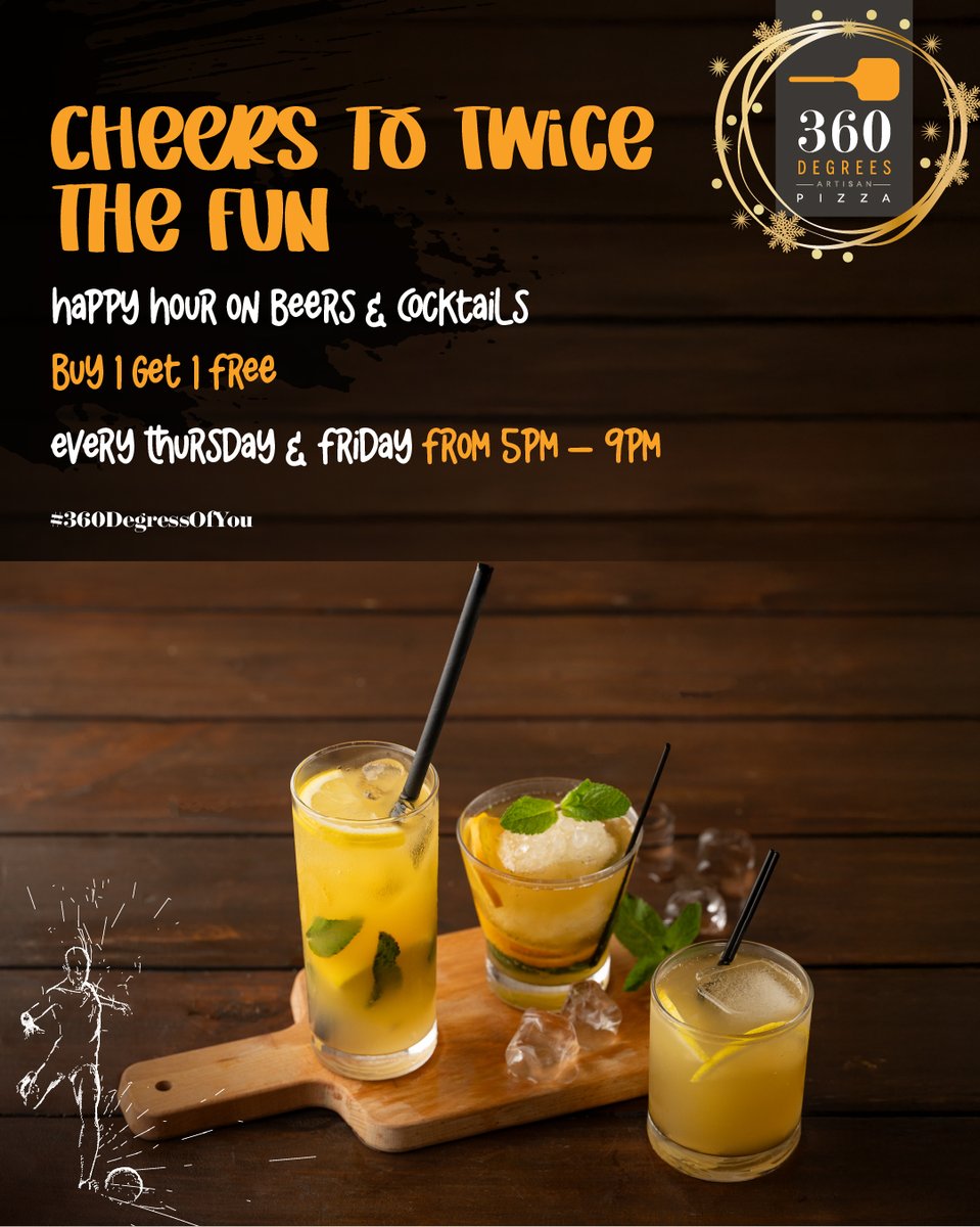 360DegreesRW's tweet photo. The best evenings begin at 360 Degrees. Every Thursday and Friday from 5:00 PM to 9:00 PM, enjoy Buy One Get One Free on all beers and cocktails. Gather your crew, raise a glass and toast to unforgettable July nights. #360DegreesOfYou https://t.co/jlIw8GV4Zn