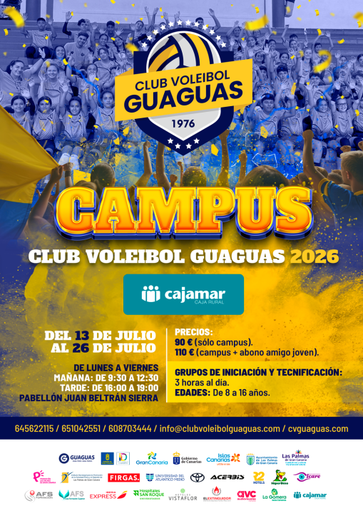 XRD_TF's tweet photo. El CV Guaguas prepara su Campus para el 13 de julio con el respaldo de Cajamar:

CVGuaguas 30-06-26

La próxima edición del campus veraniego del conjunto amarillo se desarrollará partir del lunes 13 de julio de 2026, con turnos de mañana y tarde
El Pabellón Juan Beltrán Sierra será la sede de esta iniciativa dirigida a jóvenes entre 8 y 16 años
Juan Luis Chapatín | Las Palmas de Gran Canaria.

Sábado 13 de junio de 2026.

La banca cooperativa Cajamar ha suscrito un acuerdo de patrocinio con el Club Voleibol Guaguas Las Palmas de Gran Canaria para colaborar en el desarrollo del Campus de Verano 2026, una iniciativa deportiva que se celebrará el próximo mes de julio, del 13 en Las Palmas de Gran Canaria.

Los detalles para acceder a la información y también realizar la inscripción los pueden encontrar en este enlace: https://t.co/3BgYuaT1uA

Con esta alianza, la entidad financiera continuará respaldando actividades con impacto social en el territorio, fortaleciendo su vinculación con proyectos locales y promoviendo valores como el esfuerzo, el trabajo en equipo y la inclusión a través del deporte.

Además, reafirma su compromiso con el deporte base y con el fomento de hábitos de vida saludables, contribuyendo al desarrollo de acciones que favorecen la formación y participación de jóvenes en actividades deportivas durante el periodo estival. El acuerdo fue suscrito por el presidente del club, Juan Ruiz Ramos, y el director territorial de Cajamar en Canarias, José Fernando García Piñero.

La inscripción se puede realizar desde el siguiente enlace al formulario:

CAMPUS DE VERANO CLUB VOLEIBOL GUAGUAS 2026.