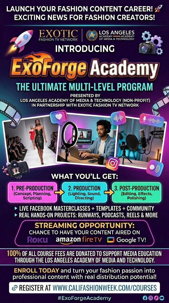 FangsCity's tweet photo. 🚀 Fashion content creators — your moment just arrived.
Tired of posting into the void? ExoForge Academy is here to turn your passion into a real career with skills, community, and distribution.
The ultimate multi-level program presented by Los Angeles Academy of Media & Technology (non-profit) in partnership with Exotic Fashion TV Network.
Master Pre-Production → Production → Post-Production with live masterclasses, templates, hands-on projects (runways, reels, podcasts & more), and a supportive creator community.
Plus… a real shot at having your content aired on Roku, Amazon Fire TV & Google TV 📺✨
100% of course fees go directly to supporting media education.
This isn’t just another course. It’s your launchpad.
Enroll today 👇 https://t.co/ghB2oV6A2Y
#ExoForgeAcademy
