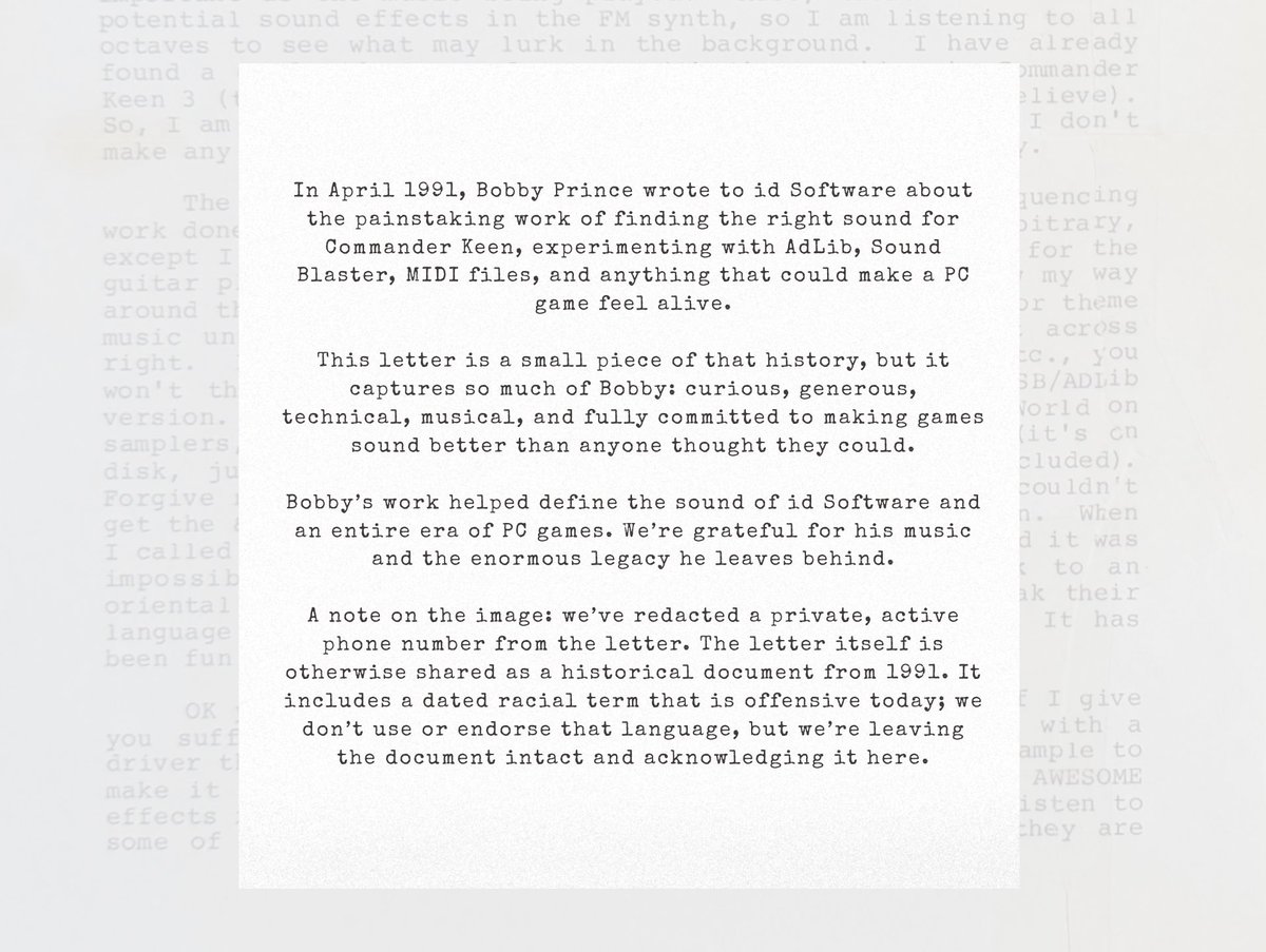 romerogamesltd's tweet photo. April 1991: Bobby Prince wrote to @idSoftware about the painstaking work of finding the right sound for Commander Keen. 

This letter captures so much of Bobby: curious, generous, technical, musical, &amp; fully committed to making games sound better than anyone thought they could. https://t.co/Fb7Eju27Ol