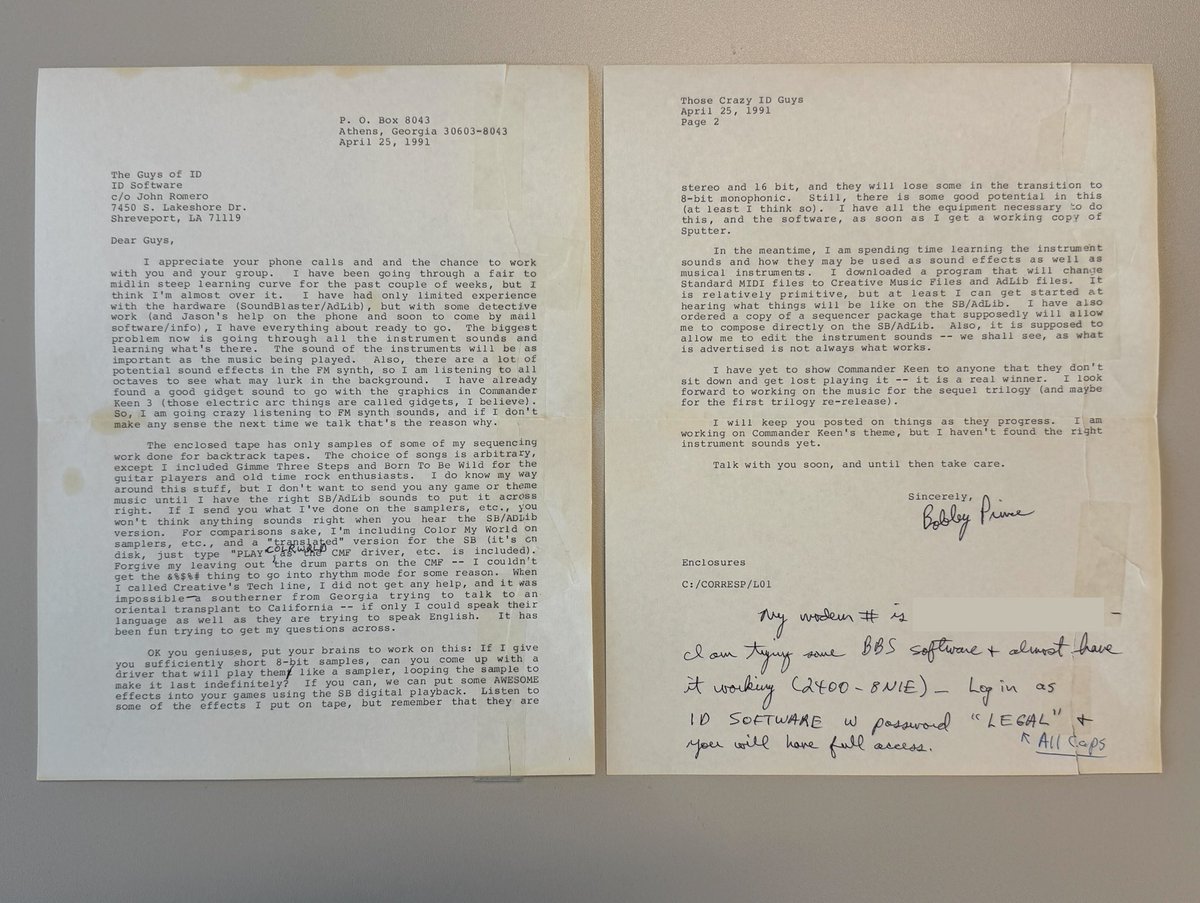 romerogamesltd's tweet photo. April 1991: Bobby Prince wrote to @idSoftware about the painstaking work of finding the right sound for Commander Keen. 

This letter captures so much of Bobby: curious, generous, technical, musical, &amp; fully committed to making games sound better than anyone thought they could. https://t.co/Fb7Eju27Ol