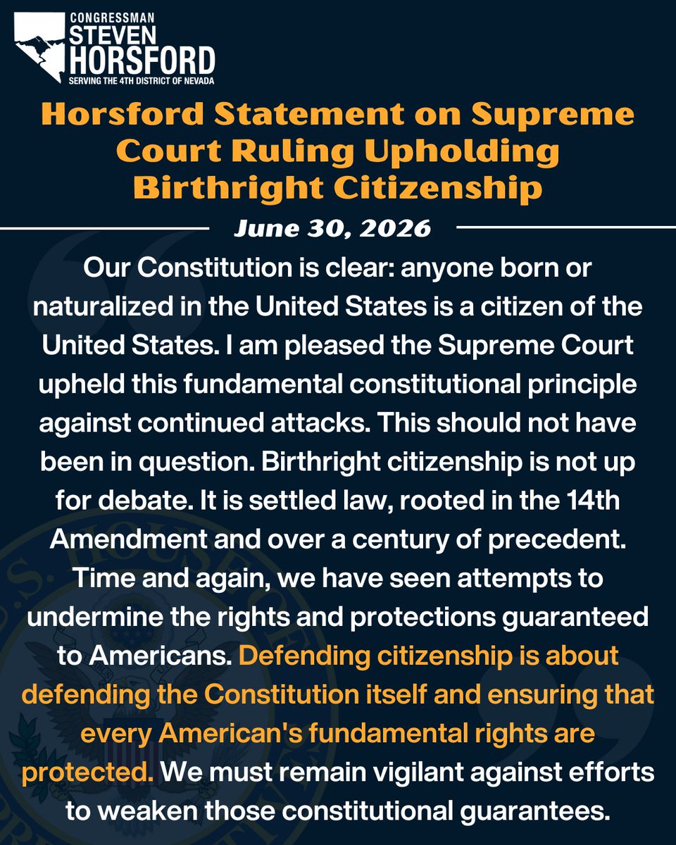 RepHorsford's tweet photo. My Statement on the 6-3 Supreme court decisions on birthright citizenship: https://t.co/PbefYKS1Dk
