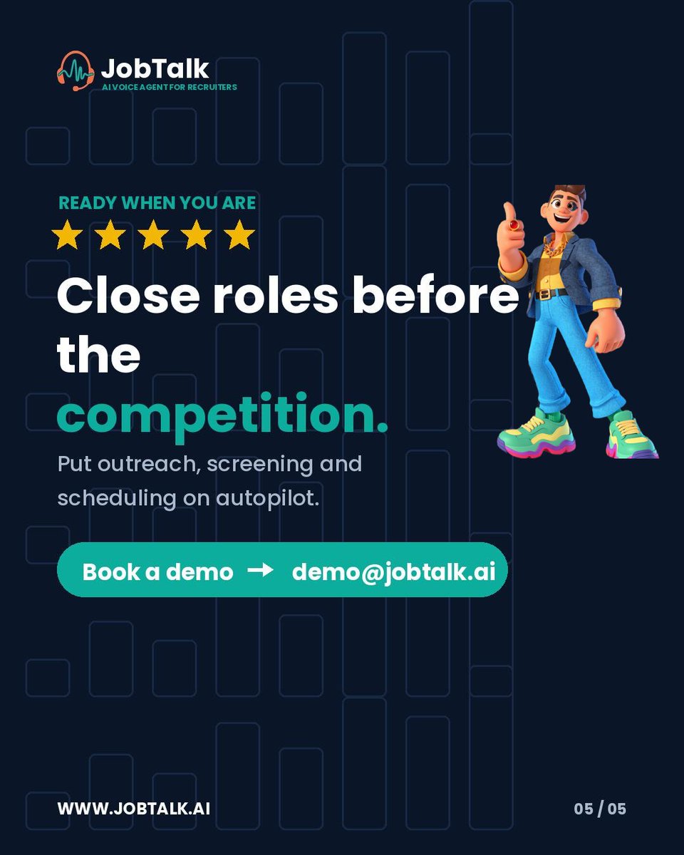 JobTalkAgent's tweet photo. Hire finance talent with speed and rigor. 📊
Fast, consistent, bias-free screening at scale. 
Close roles before the competition. Book a demo at demo@jobtalk.ai
#Finance #Fintech #Banking #JobTalk #AIRecruiting #BiasFreeHiring #FinanceJobs #TalentAcquisition #RecruitmentTech #HR https://t.co/EwsRlztvr7