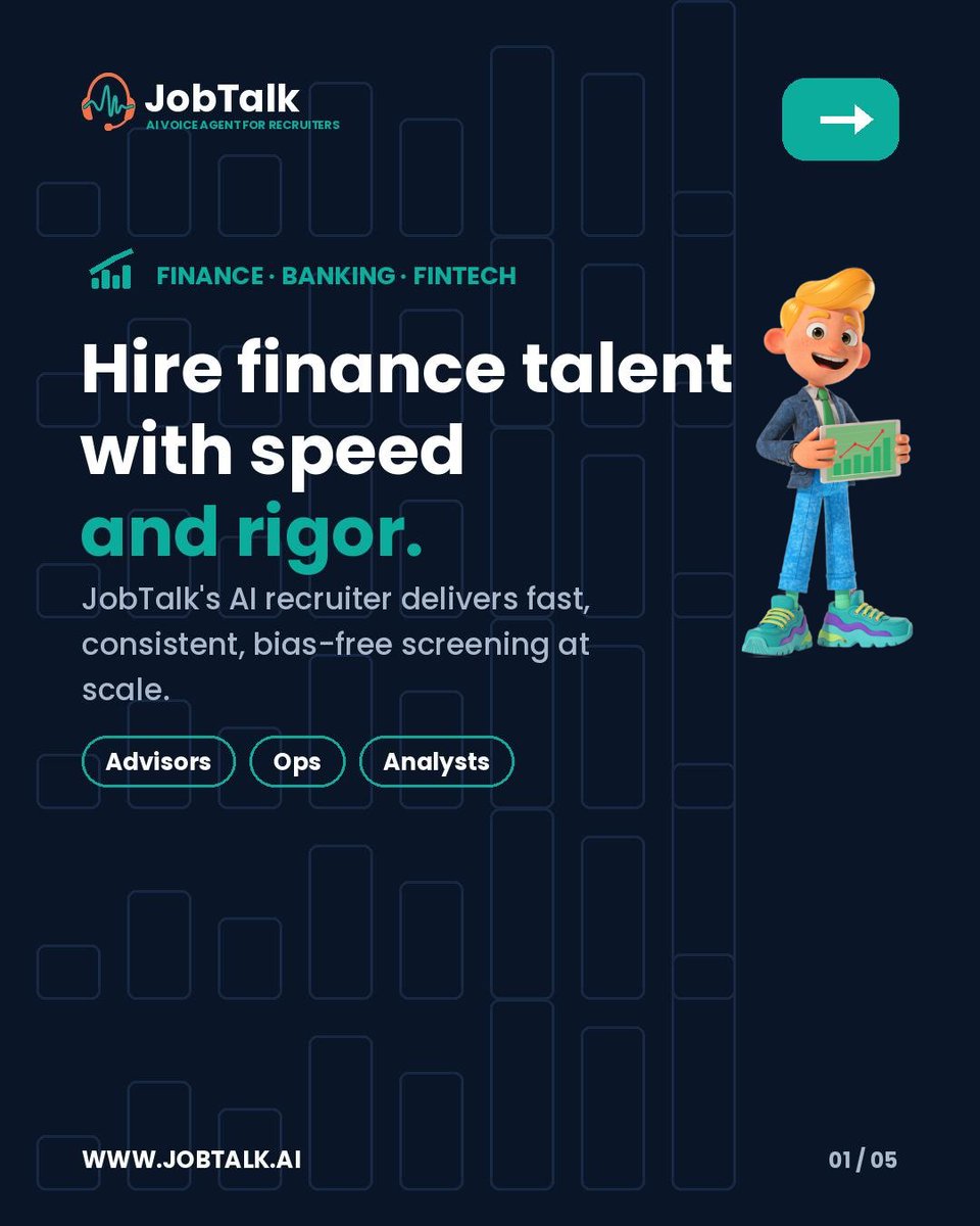 JobTalkAgent's tweet photo. Hire finance talent with speed and rigor. 📊
Fast, consistent, bias-free screening at scale. 
Close roles before the competition. Book a demo at demo@jobtalk.ai
#Finance #Fintech #Banking #JobTalk #AIRecruiting #BiasFreeHiring #FinanceJobs #TalentAcquisition #RecruitmentTech #HR https://t.co/EwsRlztvr7