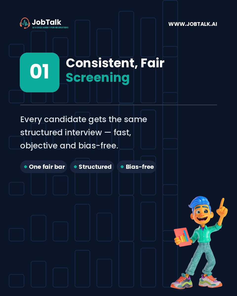 JobTalkAgent's tweet photo. Hire finance talent with speed and rigor. 📊
Fast, consistent, bias-free screening at scale. 
Close roles before the competition. Book a demo at demo@jobtalk.ai
#Finance #Fintech #Banking #JobTalk #AIRecruiting #BiasFreeHiring #FinanceJobs #TalentAcquisition #RecruitmentTech #HR https://t.co/EwsRlztvr7