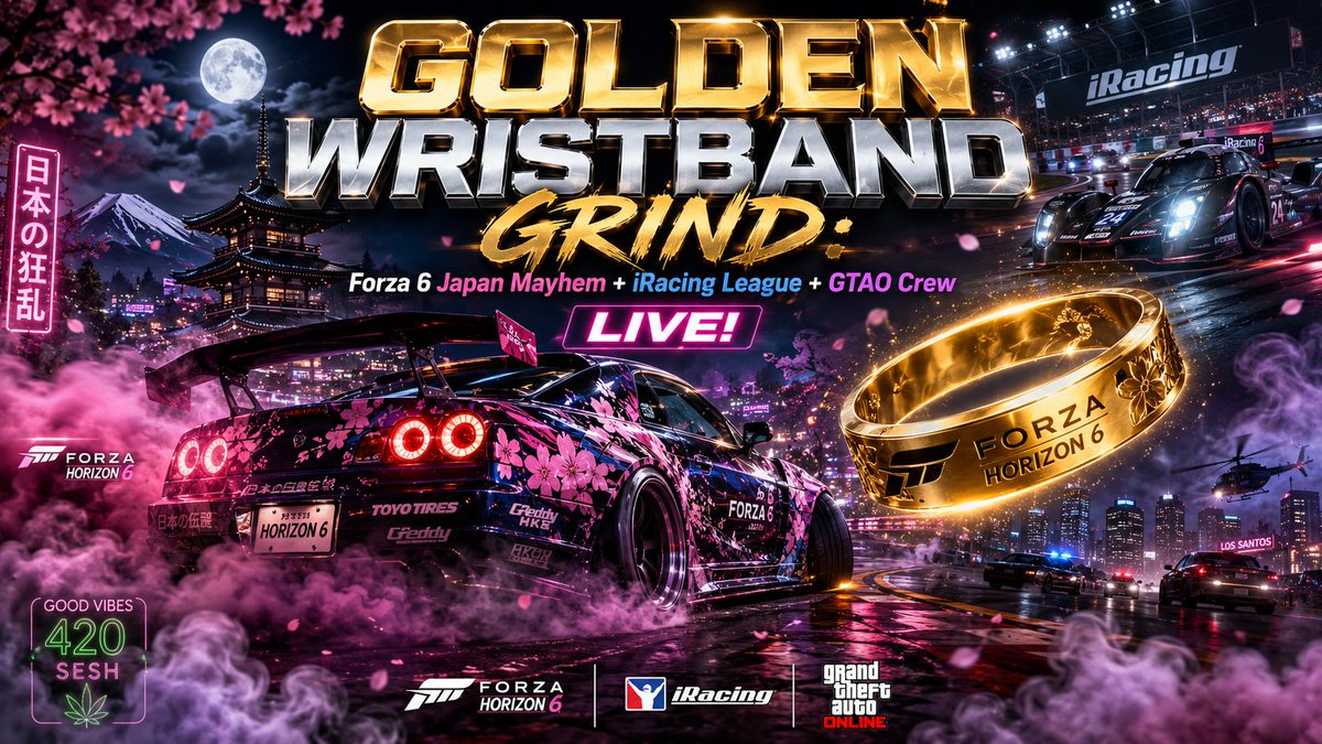 HELLKATMAVRICK's tweet photo. 🏎️🌸 GOLDEN WRISTBAND GRIND: Forza 6 Japan Mayhem + iRacing Foolery & League Race + GTAO Crew fun with @YefuneKenizi an the crew!!!! LIVE!
https://t.co/L0Vj9pplr8
#GoldenWristband #ForzaHorizon6 #Hellkatmavrick @GamingOnRumble @MasteringRumble @GetWetSports https://t.co/psHdjFMUnm