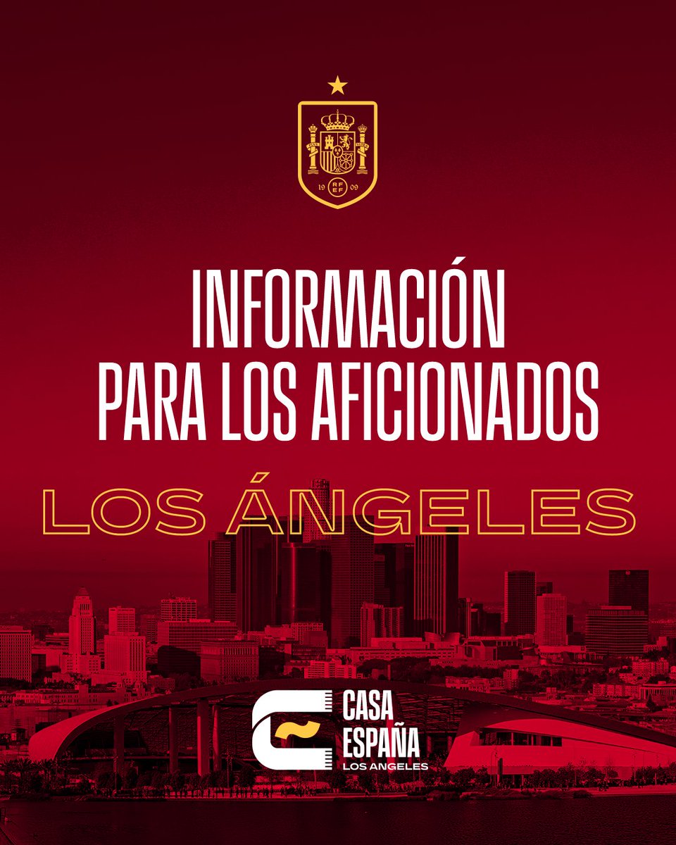 SEFutbol's tweet photo. Información para los aficionados: Los Ángeles.

Casa España sigue su camino acompañando a la @SEFutbol en la #CopaMundialFIFA y traslada su ubicación a la ciudad de Los Ángeles.

ℹ️ Ubicación, actividades, horarios... todo aquí: https://t.co/HmxRFW1rPL 

#VamosEspaña https://t.co/MJdbBZgtkI