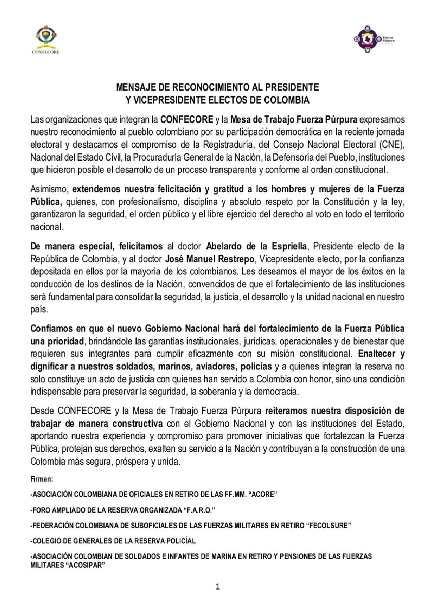 acorecolombia's tweet photo. #Veteranos y #Reserva de @FuerzasMilCol @PoliciaColombia saludan al Presidente @ABDELAESPRIELLA y Vicepresidente @jrestrp electos.

"Confiamos en que el nuevo Gobierno Nacional hará del fortalecimiento de la Fuerza Pública una prioridad, brindándole las garantías institucionales, jurídicas, operacionales y de bienestar que requieren sus integrantes para cumplir eficazmente con su misión constitucional." 👇🏻