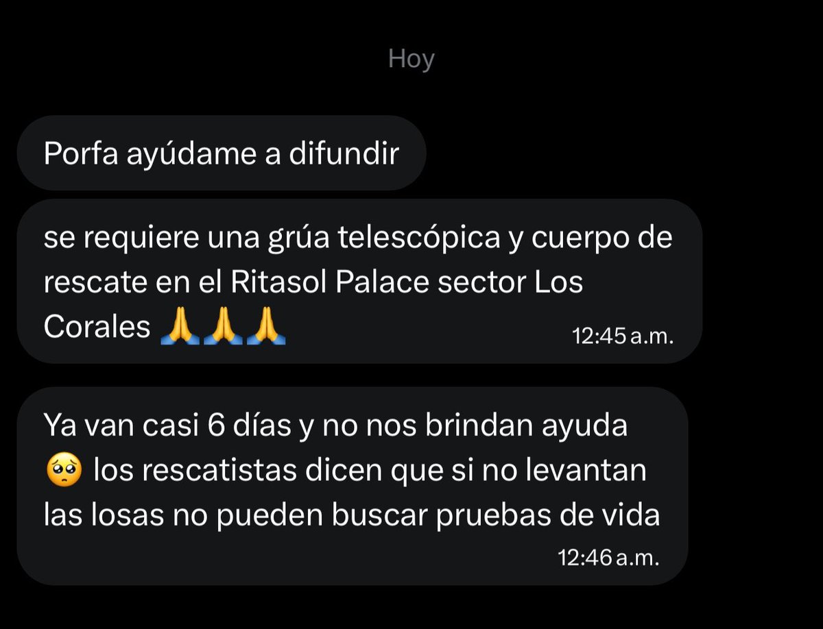 iamnotkimm's tweet photo. ME LLEGO ESTO EN LA MADRUGADA 
‼️‼️‼️ LLEVAN 6 DIAS Y NO LES HAN PRESTADO NADA DE AYUDA‼️‼️‼️ 
SE NECESITA GRÚA TELESCÓPICA🚨🚨🚨🚨

Por favor compartan, son los últimos intentos de todos… https://t.co/ykrZA9Prc9