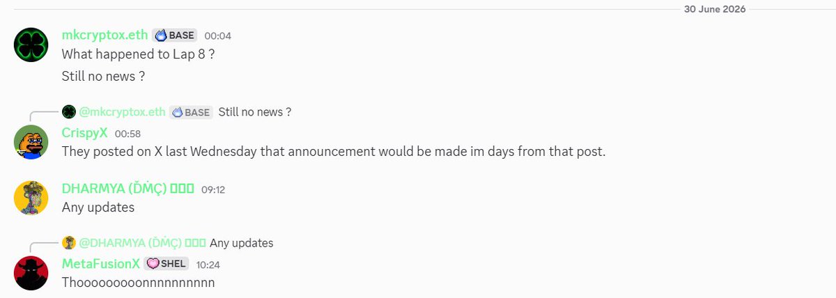 wen88MPH's tweet photo. Called it on June 20th:
"Nothing meaningful ships by end of June."
— tagged .@DeLoreanLabs directly.
——
June 30th. Their own community today:
"What happened to Lap 8? Still no news?"
"They posted last Wednesday that
announcement would be made
'in days' from that post."
"Any updates?"
"Thoooooooonnnnnnnnn" 🦗
——
I said I'd eat my words if I was wrong.
Pass me a fork. I'm not eating anything today. 🍴
——
.@EvanKuhn "Getting it right matters
more than getting it first."
At what point does it matter more
than not getting it at all? 👀
——
The Future Was Promised.
 The Speed Was Never Reached.
⚡ $88MPH
#88MPH #BTTF #EV #crypto
#memecoin #Solana #DYOR #NFA @TheMotorverse  @SuiNetwork @solana