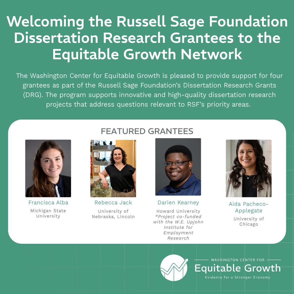 equitablegrowth's tweet photo. We’re excited to support four projects from the @RussellSageFdn Dissertation Research Grants program!

DRG supports high-quality dissertation research that addresses questions relevant to RSF’s priority areas.

Read on to learn more about each grantee and their project.

- A 🧵- https://t.co/SW3zCYksak
