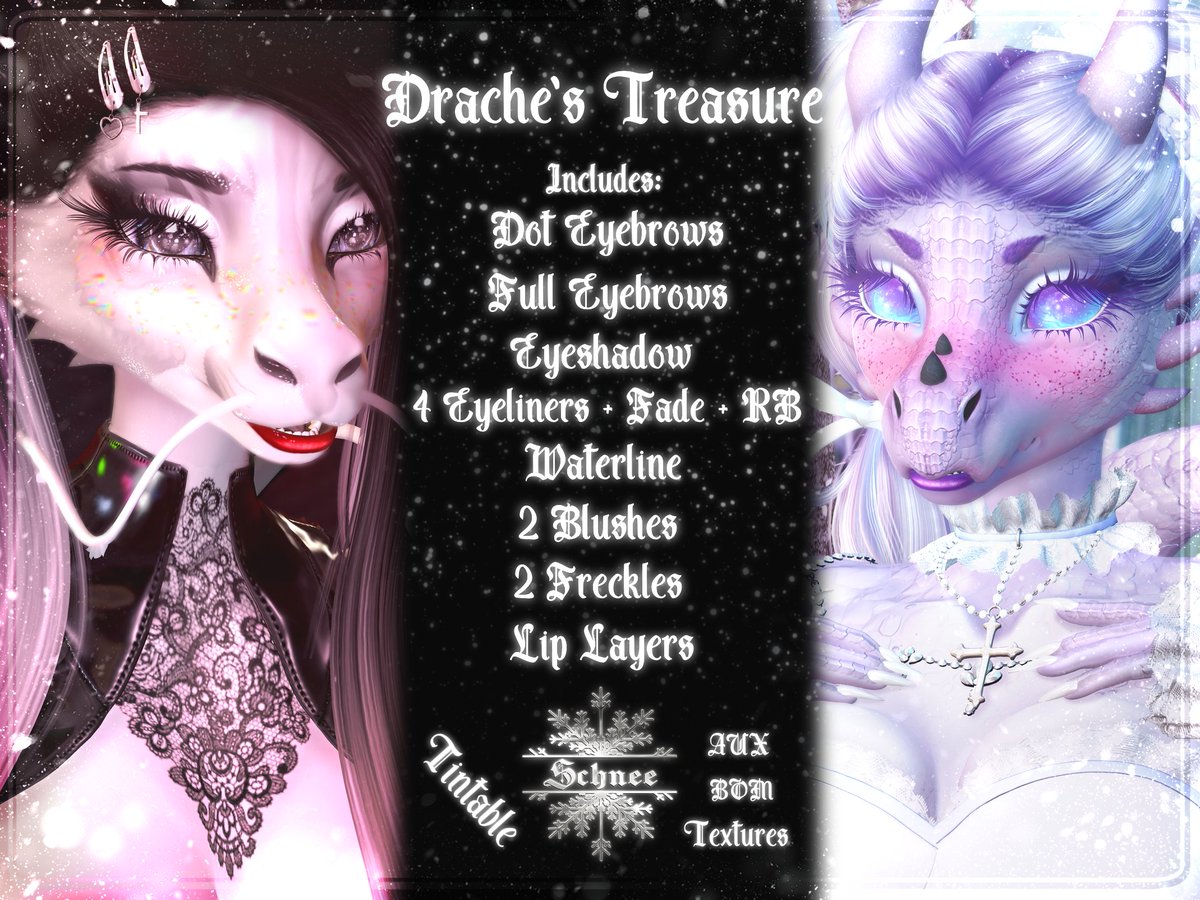 Schnee666's tweet photo. The #BYTE event is opening TOMORROW!😻
Find Drache's Treasure makeup-kit at my booth,
and some of my old releases as hunt items hidden around the city for only 50L$ for the duration of the event! ✨

Head by @frettchenhausSL 

#bytesl #furrysl #slfurry #secondlife #slevents #SL https://t.co/W1KLy4dgds