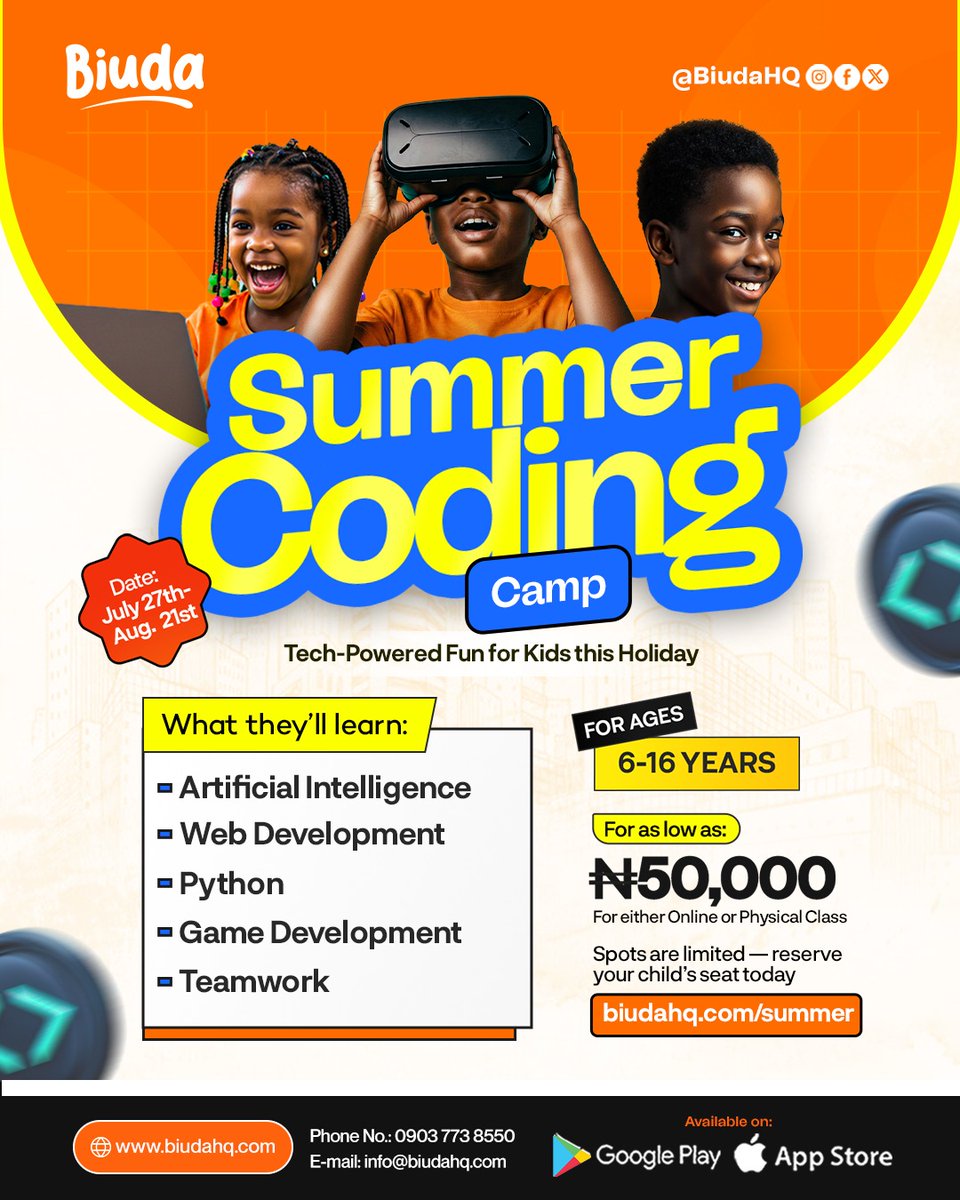 Biudahq's tweet photo. This summer, let your child create, not just consume technology!
Biuda Summer Coding Camp helps kids aged 6โ16 explore:
Coding
AI
Web Development
Game Development
๐
July 27 โ August 21
Register: https://t.co/Yx8Ymn3HOd
#BiudaSummerCamp #CodingForKids #FutureSkills https://t.co/nj3GCM9IIE