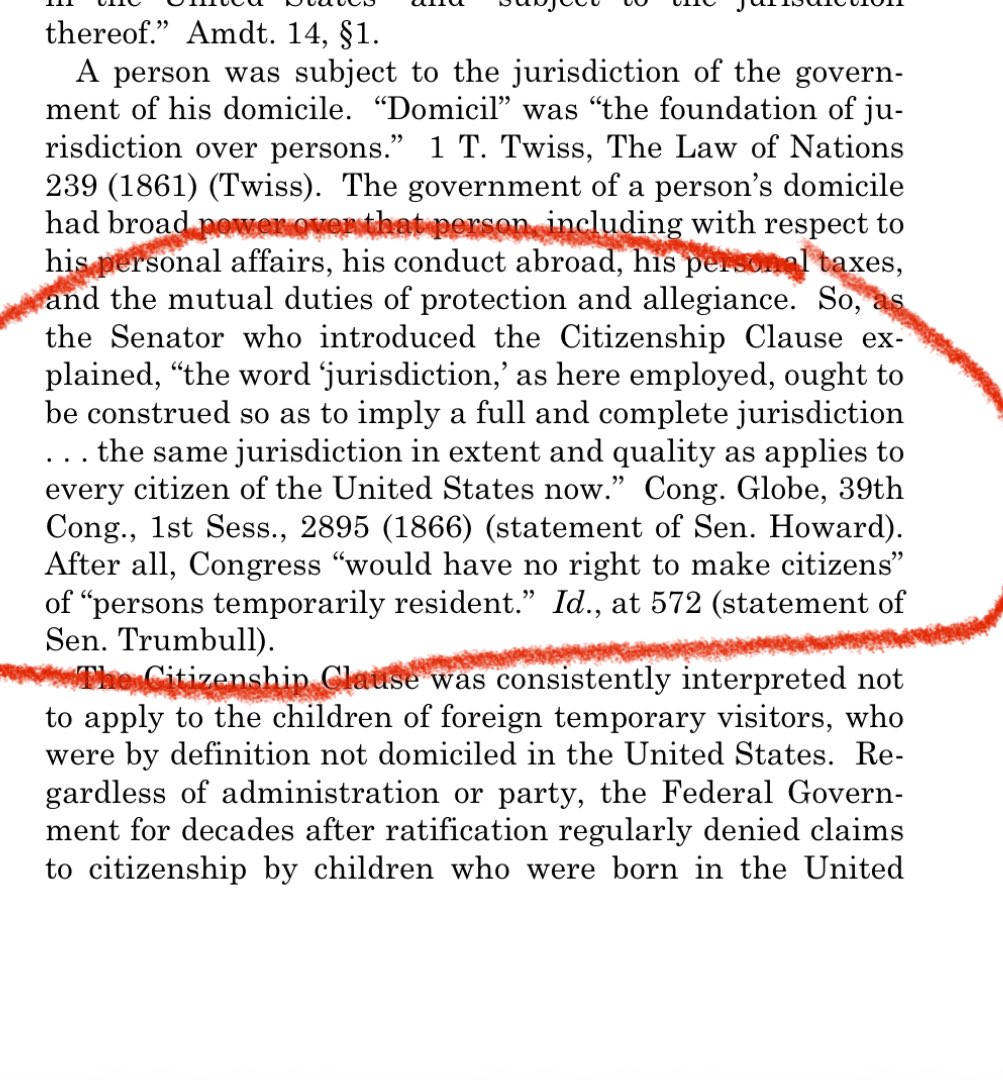 tomselliott's tweet photo. Justice Thomas notes that the author of the 14th Amendment’s citizenship clause specifically said Congress couldn’t undo their prohibition on nationalizing babies of foreigners. https://t.co/zFB4DwFovu