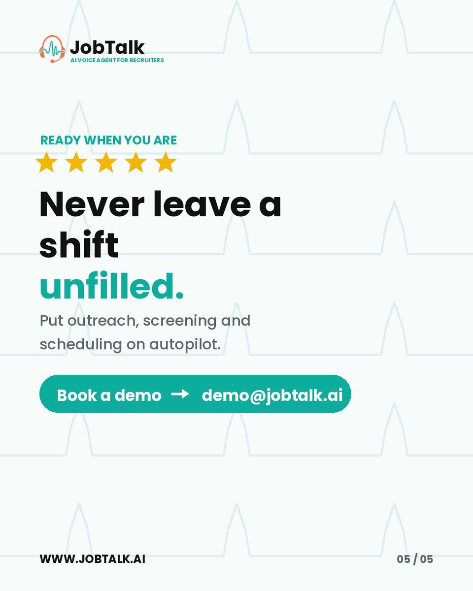 JobTalkAgent's tweet photo. Staff every shift with qualified care talent. 🩺
JobTalk screens, scores, and schedules clinical and allied candidates. 
Never leave a shift unfilled. Book a demo 👉 demo@jobtalk.ai
#Healthcare #NurseStaffing #ClinicalHiring #AlliedHealth #JobTalk #AIRecruiting #HealthcareJobs https://t.co/RpgMeckUWq