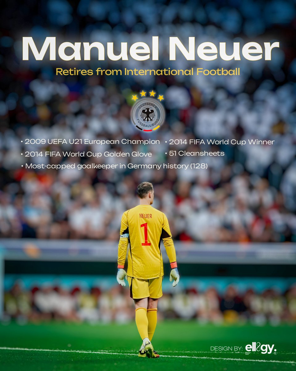 ellogy_creates's tweet photo. 🇩🇪 End of an era.

Manuel Neuer @Manuel_Neuer  officially retires from international football. @dfb

🏆 FIFA World Cup @FIFA winner (2014)
🧤 124 caps
🚫 51 clean sheets
🥇 2014 World Cup Golden Glove

One of the greatest goalkeepers football has ever seen.

Danke, Manu. 👏 https://t.co/LnqHqFRiIA