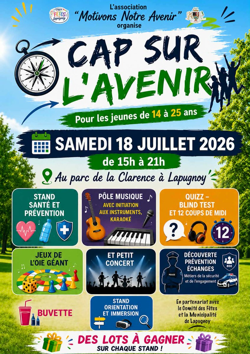 baptiste_achere's tweet photo. 🧭 CAP SUR L'AVENIR 🧭
📅 Samedi 18 juillet 2026 | 15h - 21h
📍 Parc de la Clarence, Lapugnoy

L'association Motivons Notre Avenir vous donne rendez-vous pour une après-midi dédiée aux 14 - 25 ans ! 🙌

Des lots sont à gagner sur chaque stand ! 

👉 On compte sur ta présence ! https://t.co/tB0dW4HLm3