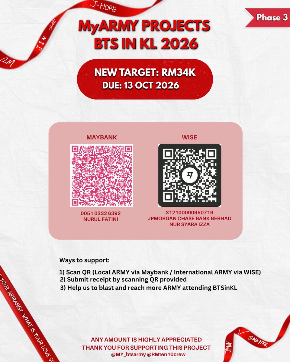 MY_btsarmy's tweet photo. ✨BTS in KUALA LUMPUR FAN PROJECTS

Update Funds Support for #BTSinKL

Current amount: RM16,182.77
New 🎯: RM34K  

▫️I-ARMYs that joining us in KL this Dec are welcome to support this project via WISE~ 
▫️MyARMY, can join special GA by donating any amounts~ 

Thank you for your support, any amount will help~ 💜
#BTS_WORLDTOUR #BTS_WORLDTOUR_ARIRANG
#BTS_WORLDTOUR_ARIRANG_KUALALUMPUR
