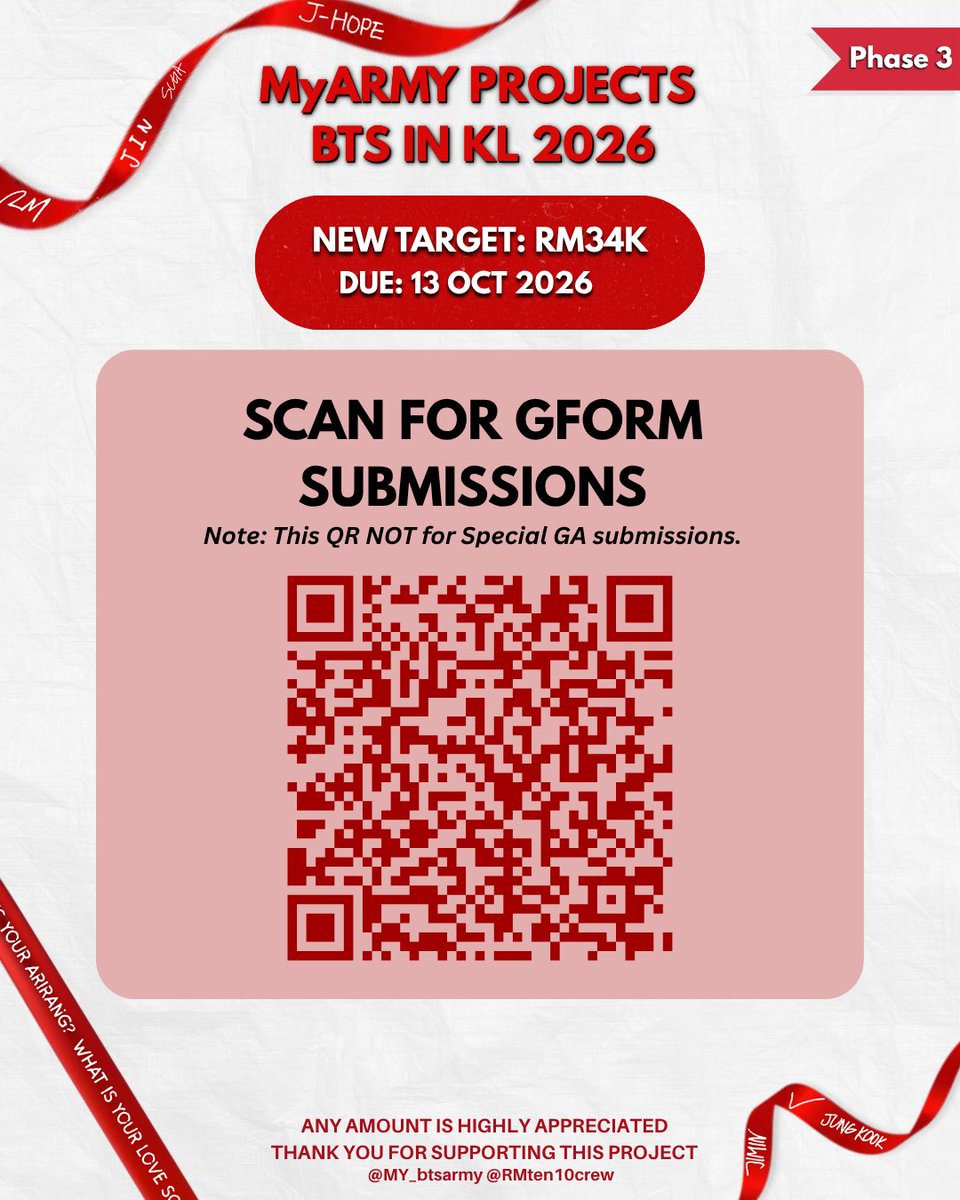 MY_btsarmy's tweet photo. ✨BTS in KUALA LUMPUR FAN PROJECTS

Update Funds Support for #BTSinKL

Current amount: RM16,182.77
New 🎯: RM34K  

▫️I-ARMYs that joining us in KL this Dec are welcome to support this project via WISE~ 
▫️MyARMY, can join special GA by donating any amounts~ 

Thank you for your support, any amount will help~ 💜
#BTS_WORLDTOUR #BTS_WORLDTOUR_ARIRANG
#BTS_WORLDTOUR_ARIRANG_KUALALUMPUR