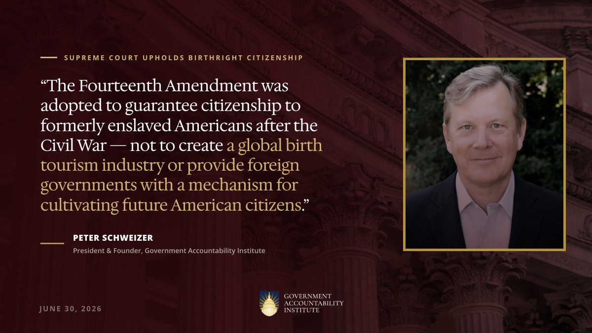 peterschweizer's tweet photo. The Supreme Court’s ruling is a setback, but it is not the end of the fight to protect American sovereignty. That fight can — and must — continue. 

Congress should immediately move to shut down the birth tourism industry that exploits a constitutional loophole to produce hundreds of thousands of American ‘citizens’ who are born here only to be returned to Communist China, where many are raised and indoctrinated under the Chinese Communist Party. Existing immigration and visa laws designed to prevent birth tourism should also be vigorously enforced. This is not simply an immigration issue. It is a national security issue. The Constitution is not a suicide pact. 

The Court’s ruling reflects a profound disconnect between constitutional text and constitutional purpose. The Fourteenth Amendment was adopted to guarantee citizenship to formerly enslaved Americans after the Civil War — not to create a global birth tourism industry or provide foreign governments with a mechanism for cultivating future American citizens.