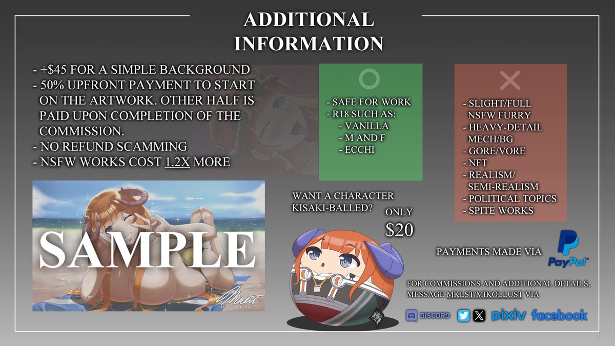 MIKOLLUST's tweet photo. Commission Sheet edited &amp; reuploaded

Commissions messaging via Twitter, Pixiv &amp; FB now allowed again

Illust time is GMT+8. Time of response may vary depending on situations.

#CommissionsOpen https://t.co/aUJFUMHTMf