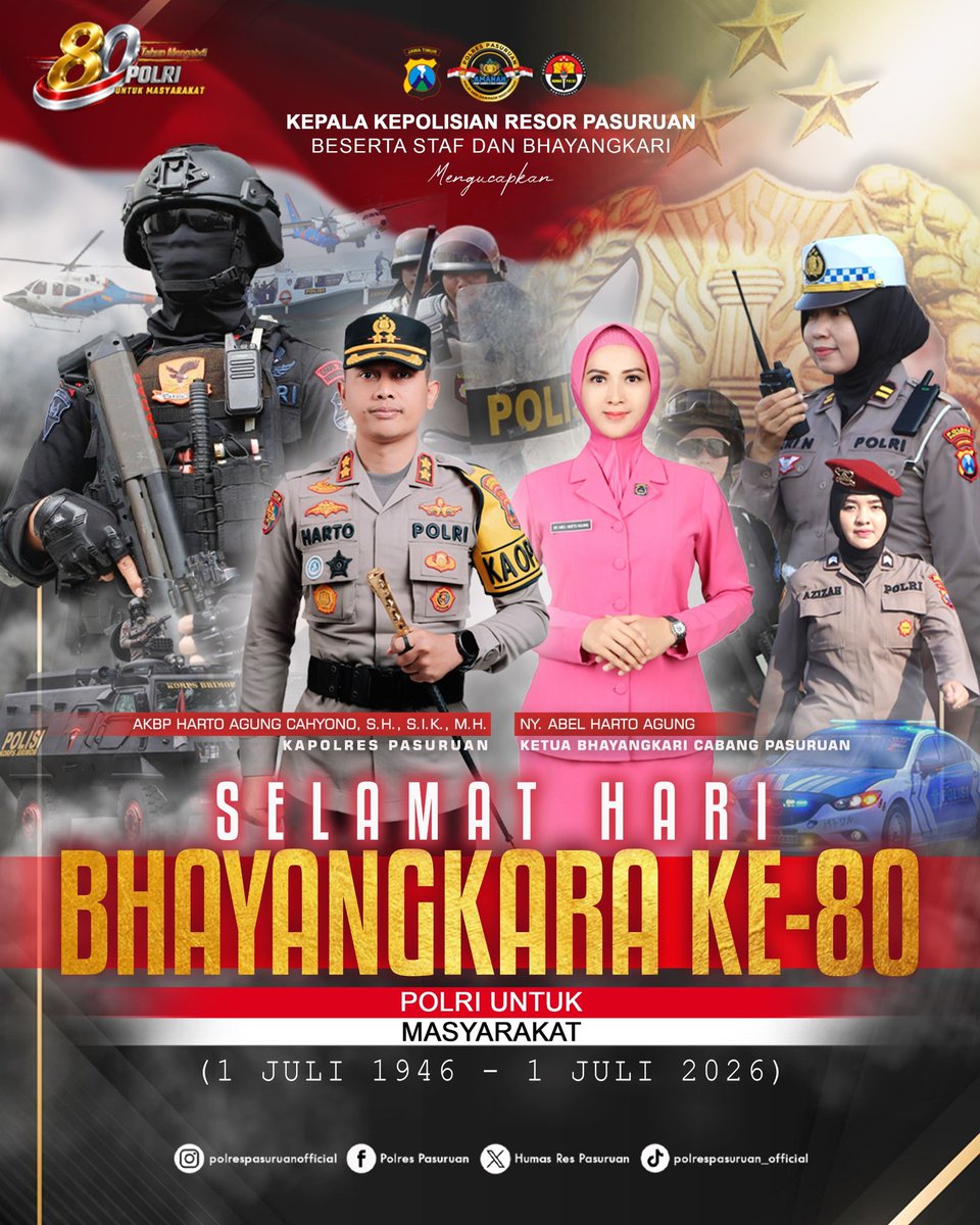 HumasPolsekgem1's tweet photo. Kapolres Pasuruan beserta Staf dan Bhayangkari mengucapkan,

SELAMAT HARI BHAYANGKARA KE-80 TAHUN 2026
"Polri Untuk Masyarakat"

-1 Juli 1946 - 1 Juli 2026-

#PolresPasuruan
#polripresisi
#polriuntukmasyarakat https://t.co/XkurE3Js1a