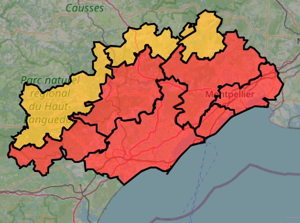 Prefet34's tweet photo. 🔴 😱Mercredi 01 juillet ➡️Pour la 1ère fois de la saison des secteurs sont placés en vigilance rouge pour risque très élevé d’incendie.

Dans les 6 secteurs concernés  :
🚫Les accès aux espaces forestiers sont interdits
🚫Les travaux sont interdits dans ces espaces ainsi que 200 mètres autour
⚠️ Respectez ces consignes ‼️
  
🔍 Carte du risque #incendie : https://t.co/TlZVRCdHb4  

 🔍 Retrouvez toutes les informations détaillées sur la fermeture des massifs dans l’Hérault dans le dossier de presse : https://t.co/WbQ2Zs1gse

⚠️ Rappels :
🚭 Ne jetez pas vos mégots dans la nature
❌ Ni feu ni barbecue en zone boisée
📞 Composez le 18 ou le 112 si vous constatez un départ de feu