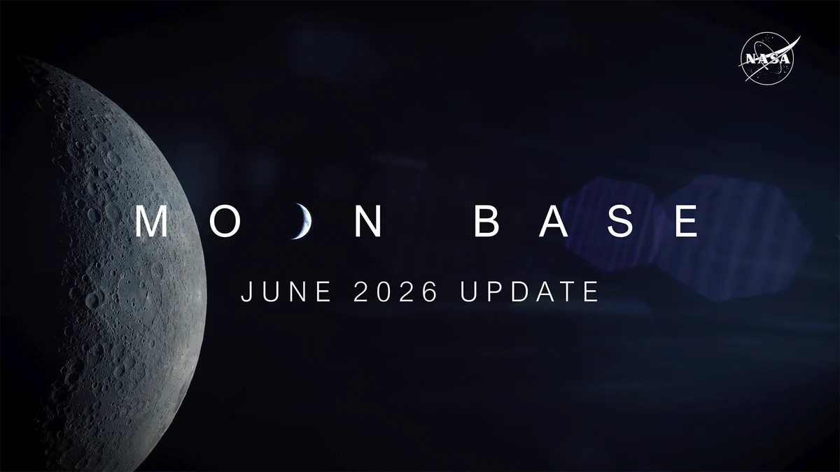 Graphic for NASA's Moon Base initiative. The Moon appears against a dark background. The words "Moon Base" are displayed across the center, with Earth forming one of the letters. Below, the tagline reads: "June 2026 Update." 
