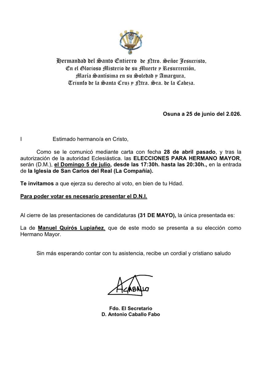 SantoEntierroOs's tweet photo. 🔴Elecciones a Hno Mayor🔴 https://t.co/P5vu1dZYvF
