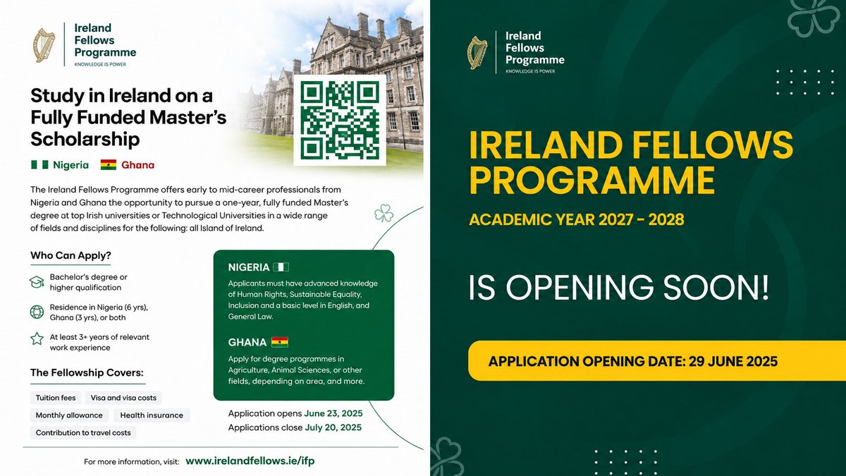 opportunitiesfy's tweet photo. 🌍🇮🇪 Applications for the Ireland Fellows Programme 2027/28 are NOW OPEN!
🎓 Tuition
✈️Flights
🏠Accommodation
💰Living stipend
🩺Insurance
🤝Leadership development
📅 26 July 2026
🔗 https://t.co/rIVH85FNIC
#IrelandFellowsProgramme #StudyInIreland #Scholarships https://t.co/4769Z9mmri