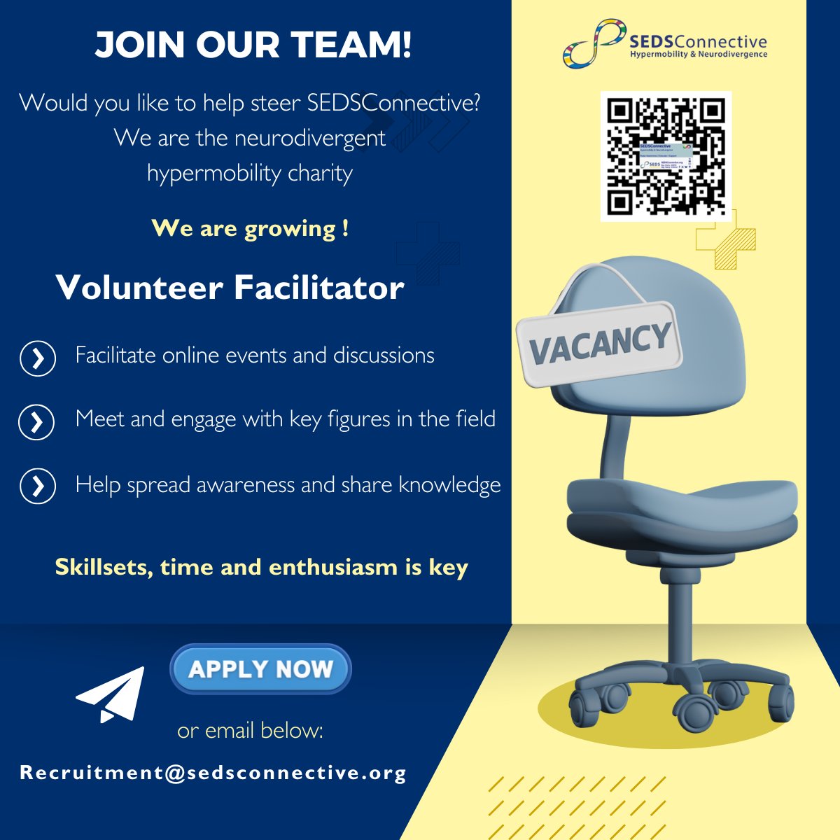 SEDSConnective's tweet photo. Volunteer Facilitators Wanted – Join Our Team!
Are you confident using Zoom and Microsoft Teams? We'd love to hear from you!
We are looking for Volunteer Facilitators who can support our charity by helping to host online webinar sessions at regular times throughout the month.

This is a voluntary role, ideal for someone who:
- Is reliable and organised
- Is comfortable using Zoom and Microsoft Teams
- Enjoys supporting online events and helping people connect
- Can commit to regular monthly sessions

Please email recruitment@sedsconnective.org if you're interested 🙏