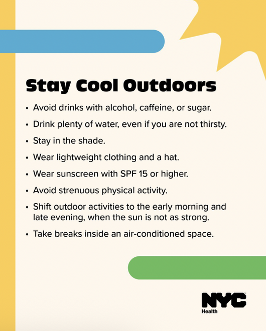 CitizenAppNYC's tweet photo. 🥵 Extreme Heat Warning Issued for NYC

An Extreme Heat Warning is in effect across all five boroughs from noon to 9 p.m. Wednesday, with dangerous conditions expected to continue through Saturday evening. Heat index values could reach 109 degrees by Friday, with triple-digit temperatures possible through the July 4 holiday weekend.

Hundreds of cooling centers are opening citywide, including public hospitals, libraries, senior centers, the Javits Center, and NYC Emergency Management headquarters. Public pools will remain open an extra hour, and LinkNYC kiosks will provide directions to the nearest cooling site.

Health officials are urging New Yorkers to stay hydrated, avoid prolonged time outdoors, check on elderly neighbors and loved ones, and never leave children or pets in parked vehicles. An Air Quality Health Advisory and the potential for severe thunderstorms and flash flooding are also in effect.

Beat the heat, check on one another, and know where your nearest cooling center is. Stay informed with Citizen. 📲💧