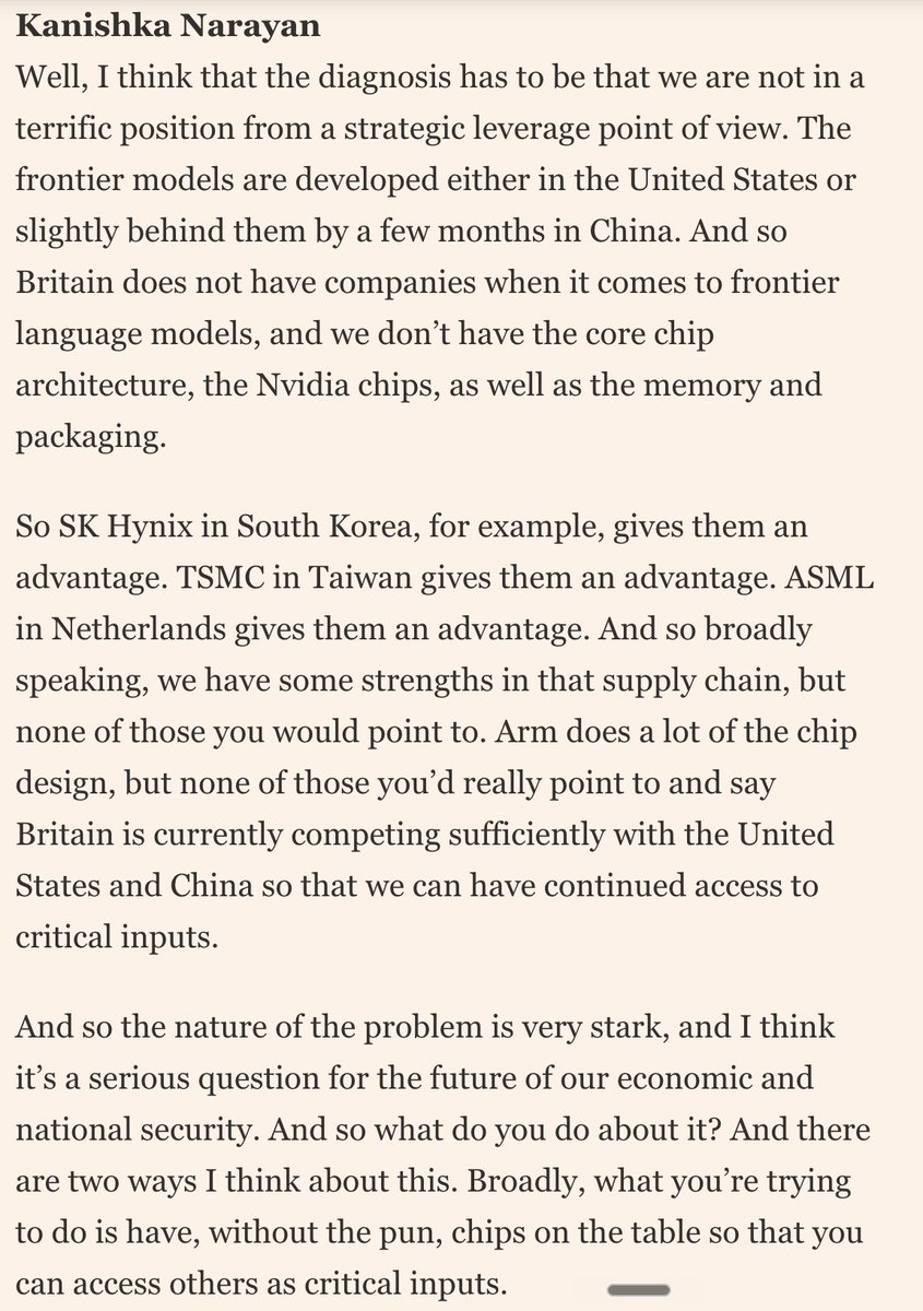 rowlsmanthorpe's tweet photo. Fascinating interview with @KanishkaNarayan where he lays out in stark terms the UK's strengths and weaknesses in AI and what should be done about them

Particularly struck by this bit. Very clear and thoughtful https://t.co/psW6PfCa5v