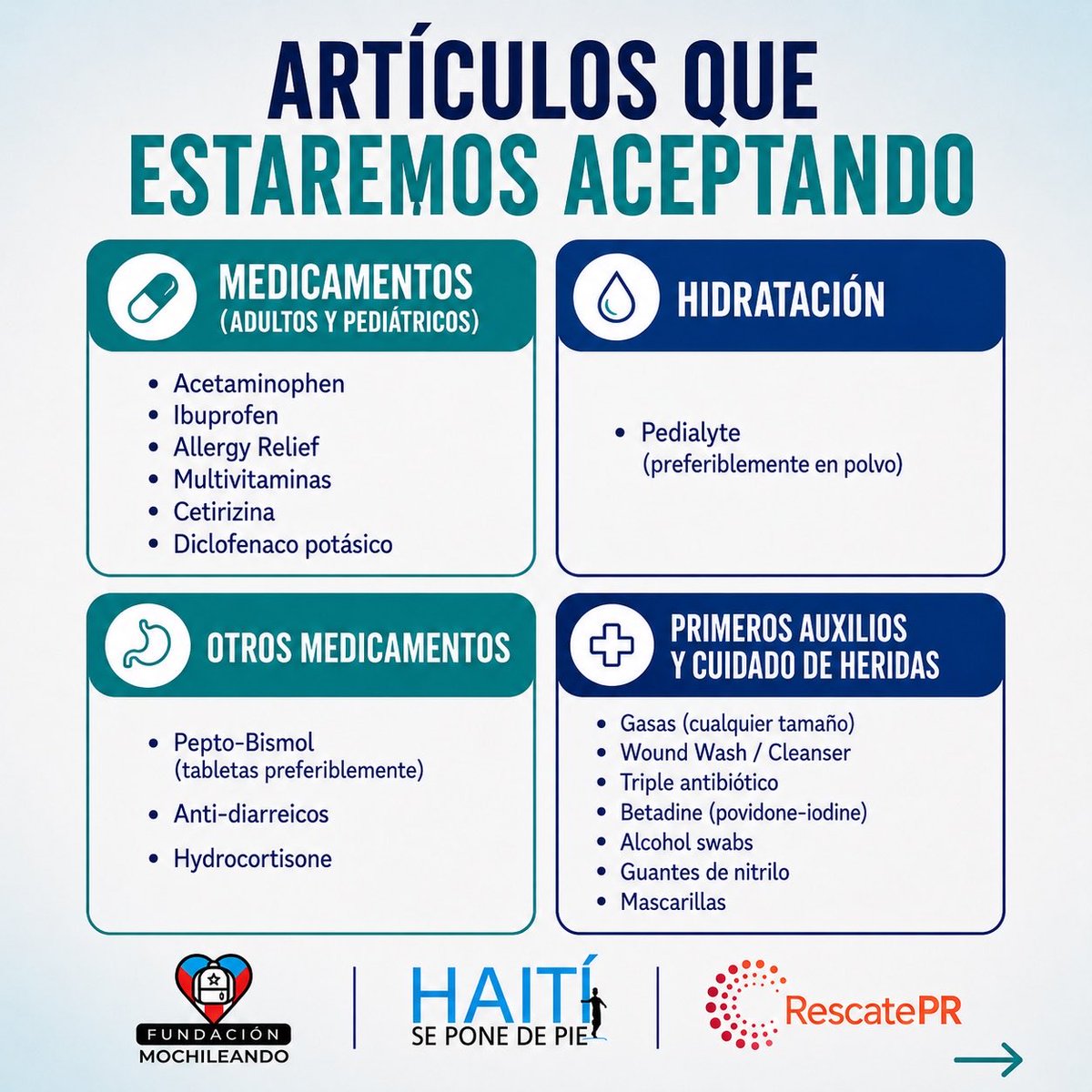 WilMochileando's tweet photo. IMPORTANTE: Hoy martes estaremos hasta las 5:00pm aceptando donaciones de medicamentos y equipos médicos para Venezuela en diferentes puntos alrededor de Puerto Rico. 🇵🇷🫶🏽🇻🇪

 Martes, 30 de junio de 2026
⏰ Horario: 9:00 a.m. – 5:00 p.m.

¿Dónde? En 3 puntos estratégicos alrededor de Puerto Rico. 

📍 Puntos de recogido

🔵 Cupey, San Juan
-Rankio PR

🔵 Arecibo
-Ágape Tiendita Solidaria y Café

🔵 Mayagüez 
-Iglesia Misión Urbana

🚨 👀 IMPORTANTE: Solo estaremos aceptando los siguientes artículos, son los que podremos llevar y los que necesitan los doctores. Si no tienes esto, lo mejor es donar monetariamente. ¡Please! No queremos que nada, NADA, se pierda o se quede.  🙏🏽

Medicamentos para adultos y niños
• Acetaminophen
• Ibuprofen
• Allergy Relief
• Multivitaminas
• Cetirizina
• Diclofenaco potásico

Hidratación
• Pedialyte, preferiblemente en polvo

Otros medicamentos
• Pepto-Bismol, preferiblemente en tabletas
• Antidiarreicos
• Hydrocortisone

Primeros auxilios y cuidado de heridas
• Gasas, cualquier tamaño
• Wound Wash / Cleanser
• Triple antibiótico
• Betadine / povidone-iodine
• Alcohol swabs
• Guantes de nitrilo
• Mascarillas
