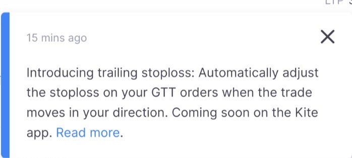 Leo04G's tweet photo. 🐌Zerodha finally drops
💹Trailing Stoploss on GTT orders! Automatically trails your stop as the trade runs in your favour.
🕰️Better late than never, Coming soon on Kite app.
#Zerodha #TrailingStoploss #Kite #verifiedbysensibull https://t.co/5aRv149Xz7