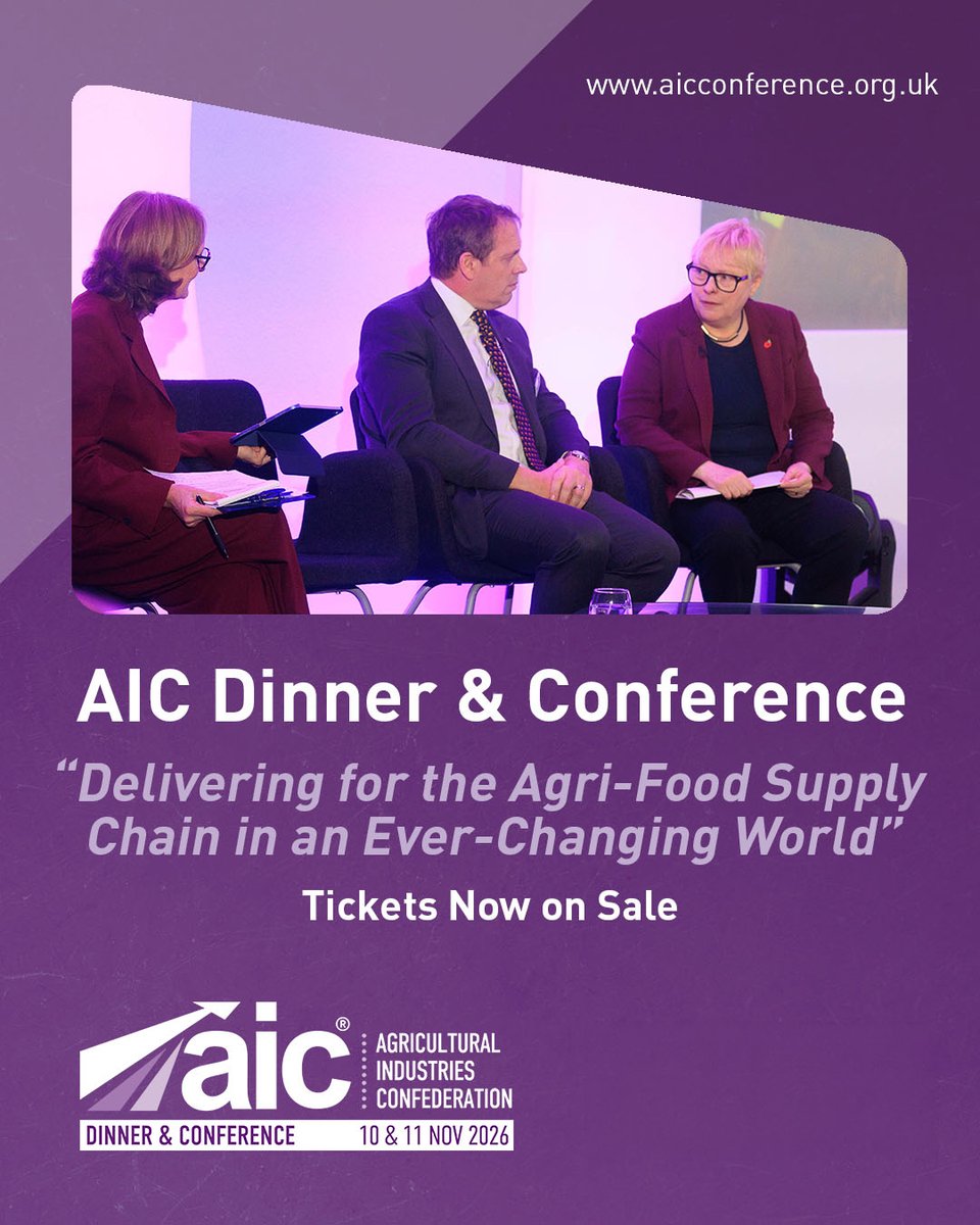 agindustriesUK's tweet photo. 📢 Tickets Now on Sale for the AIC Dinner &amp; Conference 2026

📍 Peterborough
🗓️ 10-11 Nov 2026
🌍 Theme: Delivering for the Agri-Food Supply Chain in an Ever-Changing World

🎟️ Book by 26 September to take advantage of discounted rates: https://t.co/1FB3MZrgAG

#AICConference26 https://t.co/QwFoXbIOP2