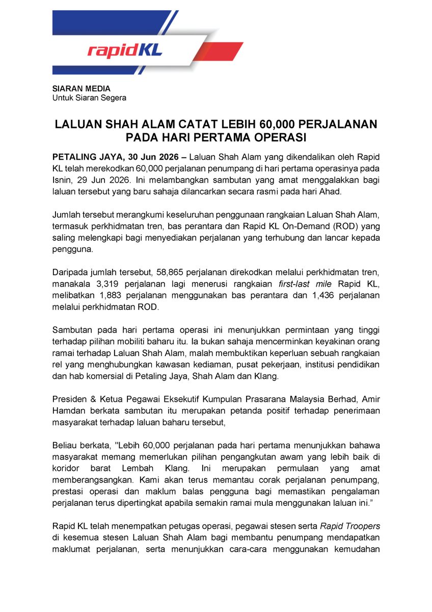 Natcromancer's tweet photo. A lot of people don't seem to realise just how much of a success the LRT Shah Alam Line has been

Prasarana was expecting 5,000 - 10,000 riders on Day One. Hopefully 67,000 daily riders "in the first year"

There were 62,000 riders. On Day One. https://t.co/OKwDU4mdQs