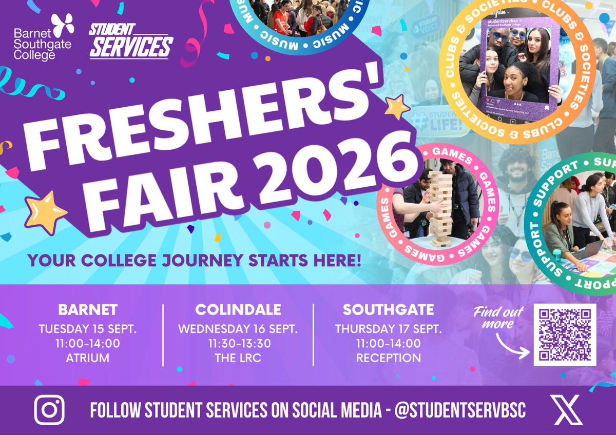 studentservbsc's tweet photo. #SaveTheDates for Freshers’ Fair 2026! 📣
Kick off the new academic year by exploring clubs, societies & all the opportunities available to you. 🚀
Visit the Student Hub for more details:
👉 https://t.co/eKqleenhtV
See you in September! 🗓️
@barnetsouthgate #FreshersFair2026 https://t.co/BdxixQF8fi